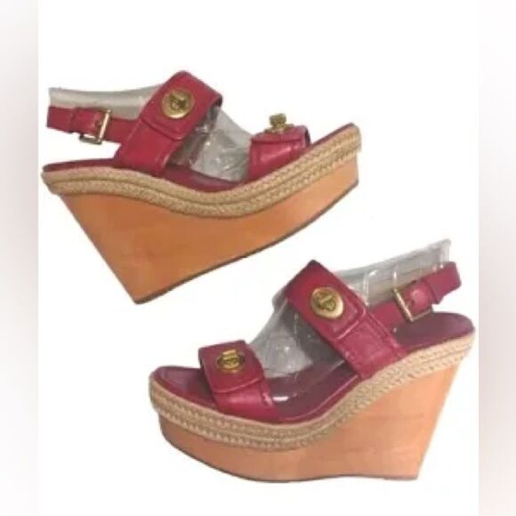 Coach Red Leather Marian Wood Platform Wedge Sandals w/Ankle Strap. Size 10B. - Picture 1 of 7